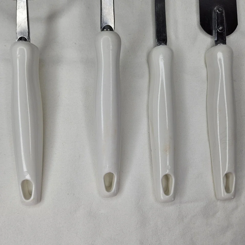 Vtg EKCO USA Stainless Steel Kitchen Utensil Set 4pc Blue Snowflake White MCM